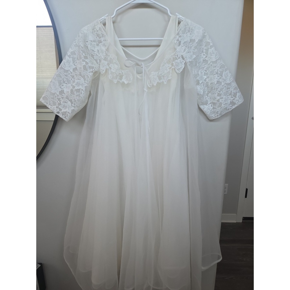 2pc Vintage LISETTE Nightgown PEIGNOIR Robe Set BABYDOLL Sheer CHIFFON Gown M